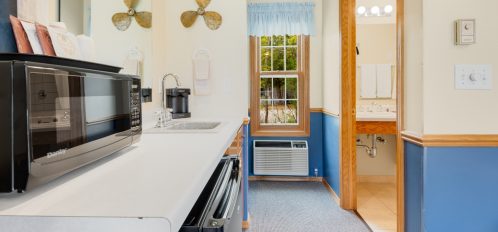 bathroom, fridge, and microwave area